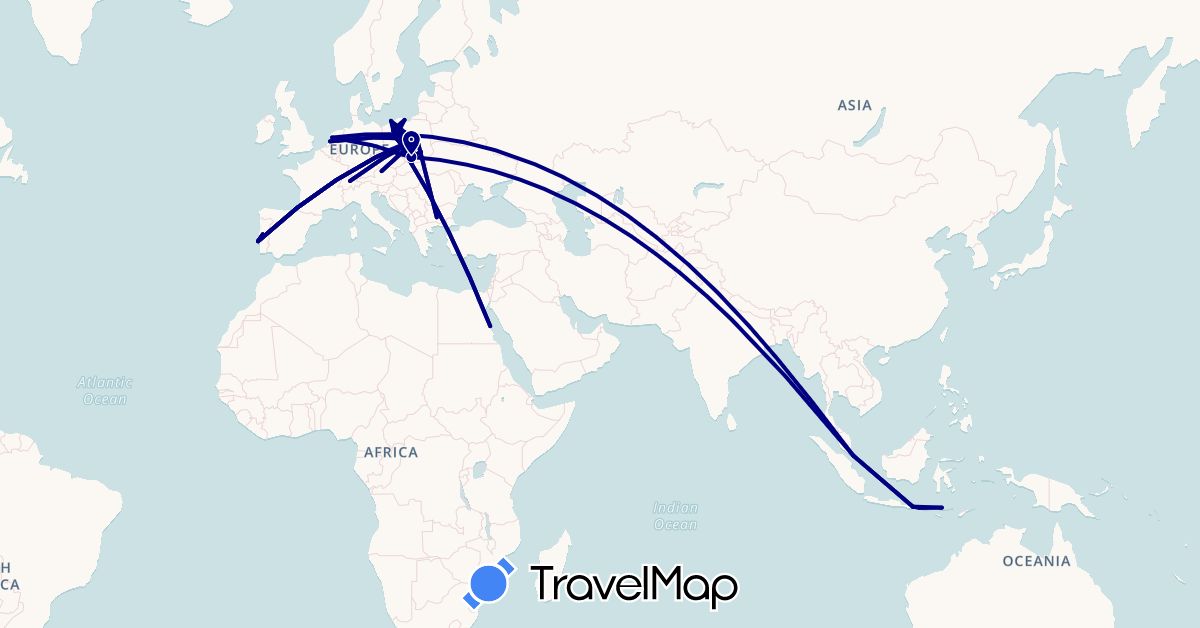 TravelMap itinerary: driving, plane in Austria, Bulgaria, Switzerland, Egypt, Indonesia, Netherlands, Poland, Portugal, Singapore (Africa, Asia, Europe)